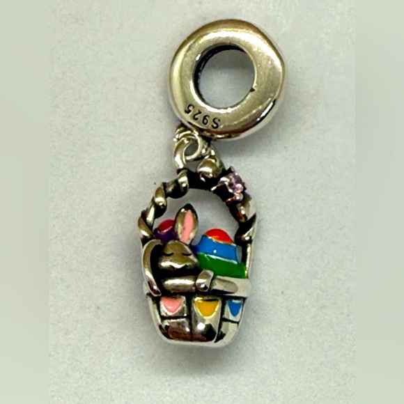 Easter Basket Charm Bead – Sterling Silver 925 w/ Bunny & Enamel Eggs - Picture 1 of 4